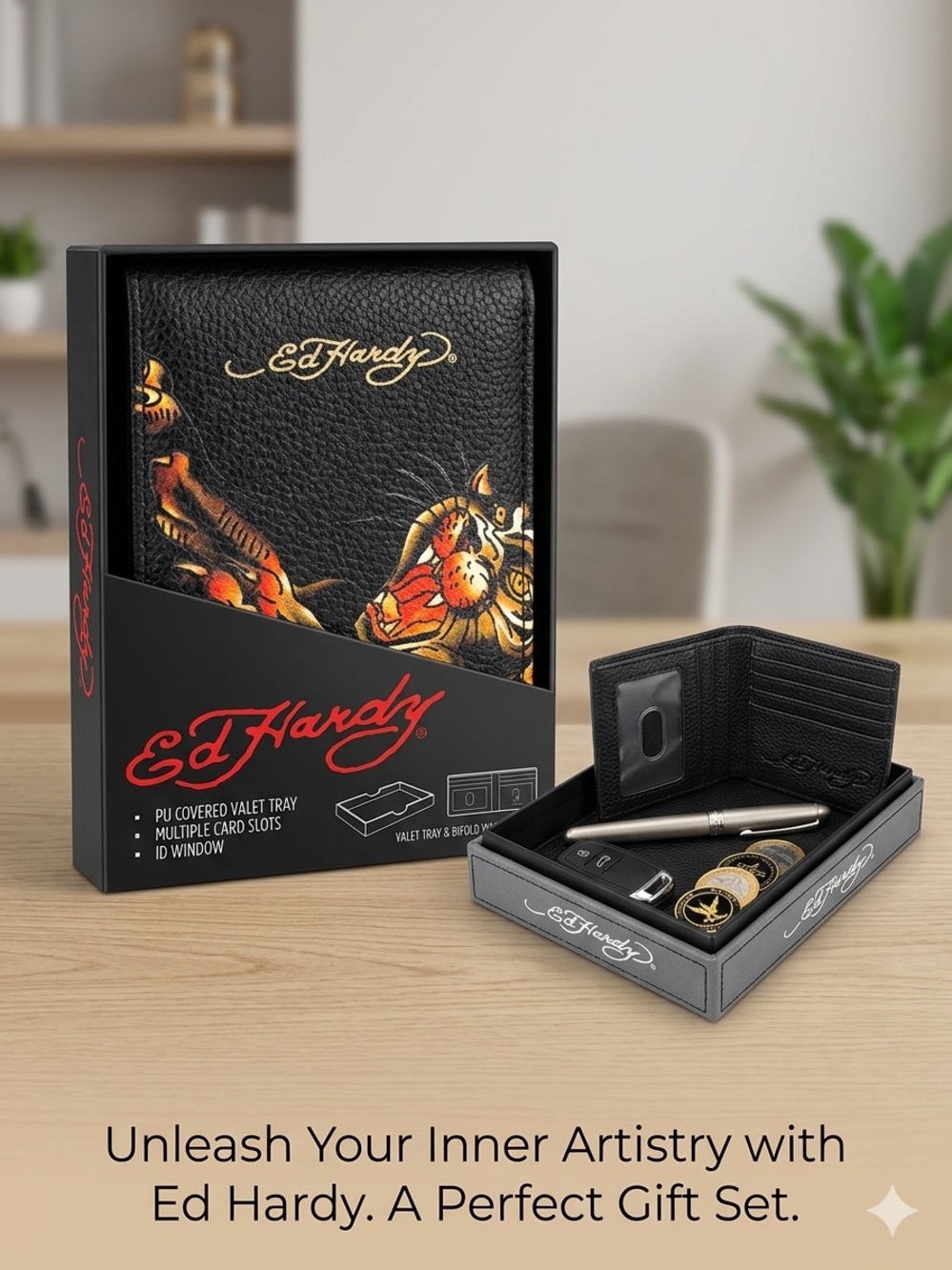 Ed Hardy Black PU Valet Tray & Card Wallet Set with Orange and Gold Tiger Art